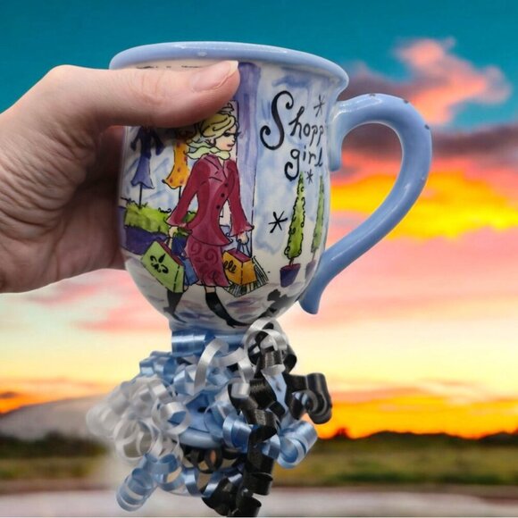 Hand-Poured Soy Candle ✦ Jennifer Brinley Shopping Girl Mug ✦ Blue Flower Topper - Picture 5 of 11